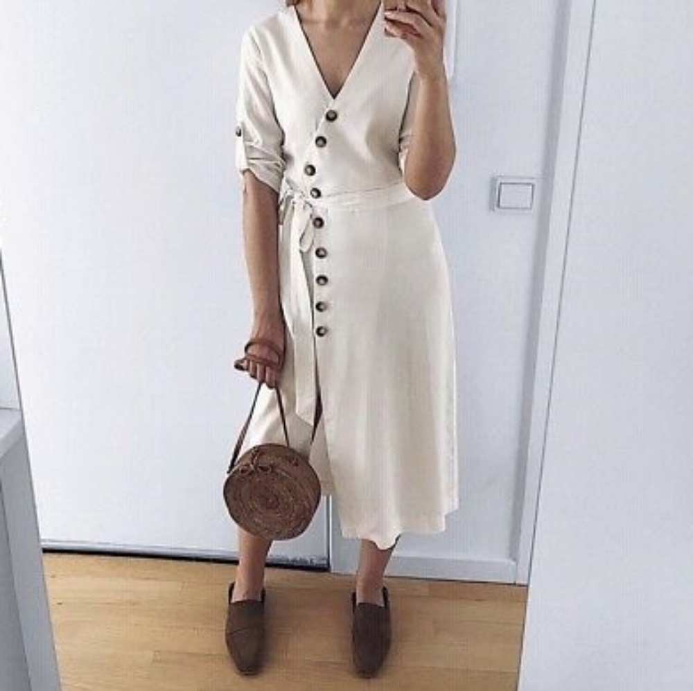 Zara trf button down white midi dress